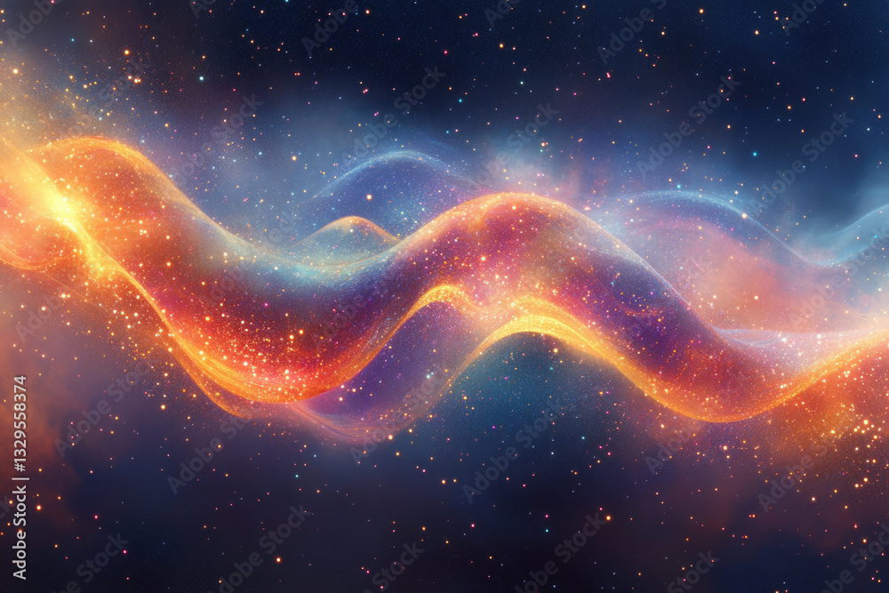 Poster a cosmic wave of vibrant colors and glittering stardust flows through a deep space nebula.