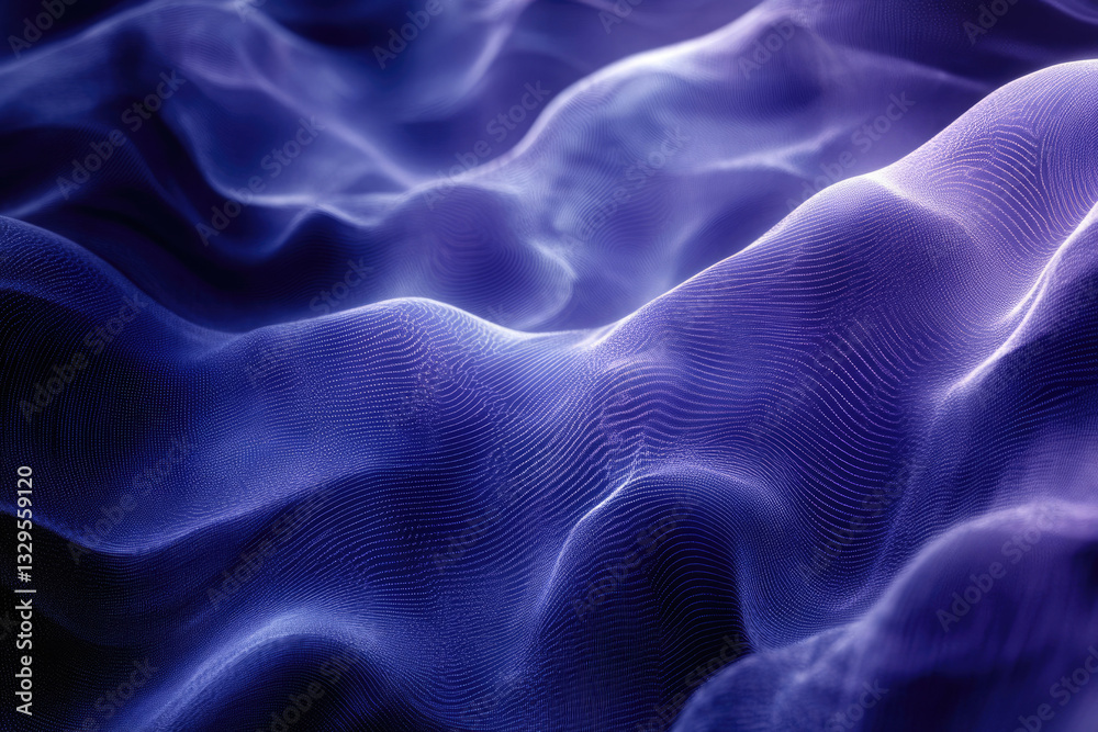 Poster Abstract purple digital landscape, flowing waves of interconnected points creating a mesmerizing 3D effect.