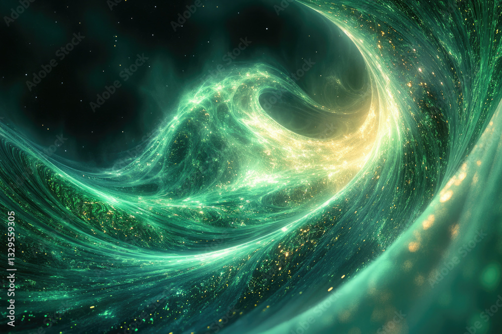 Aufkleber A mesmerizing cosmic swirl of teal and gold, depicting a celestial vortex or nebula with sparkling particles.