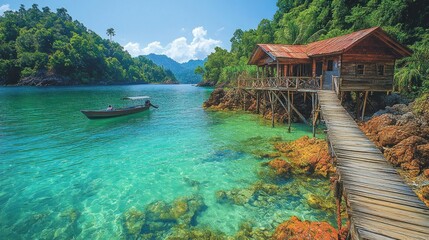 Obraz premium Tropical Island Paradise with Wooden Hut