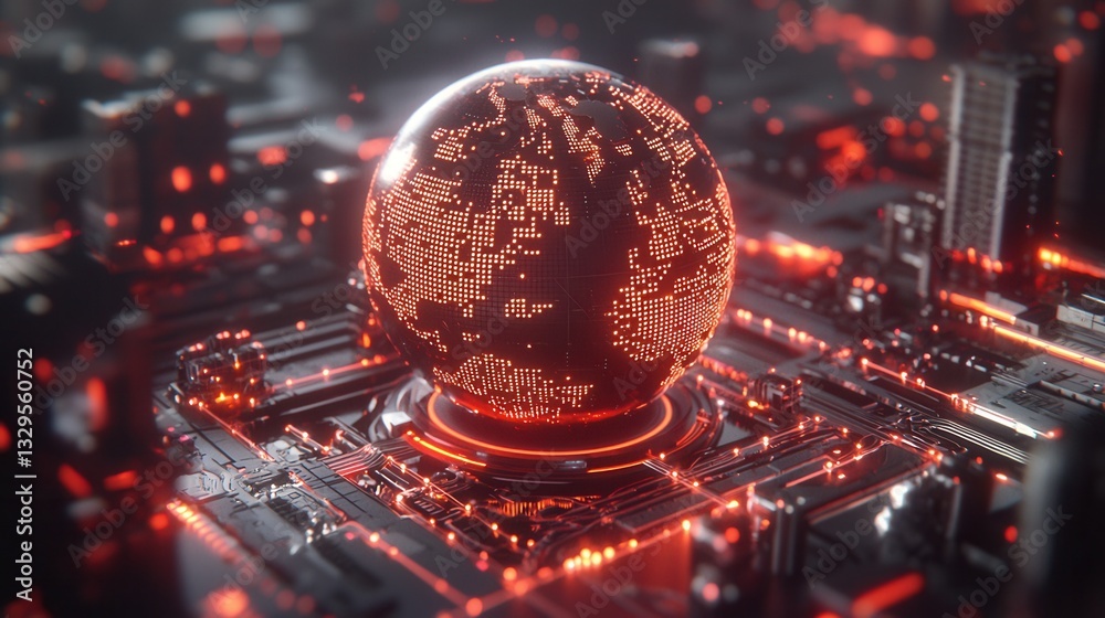 Poster an abstract visualization of a futuristic neural network system with waves of digital data and globa