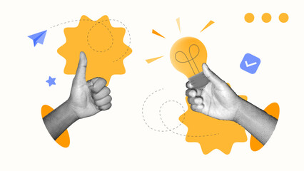 halftone collage, hand holding bulb, and hand approval Innovation, brainstorming, and smart solutions drive growth