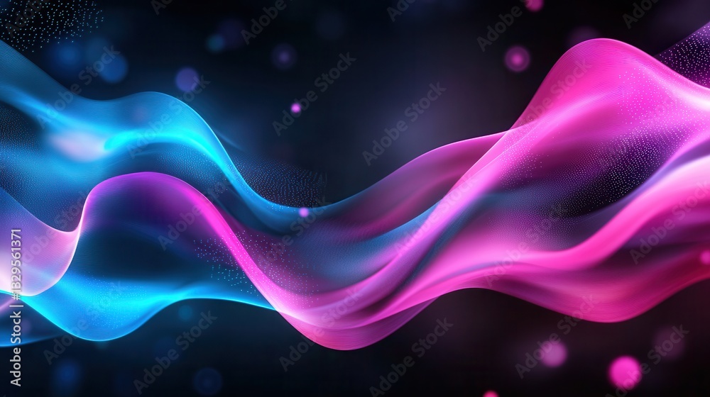 Poster vibrant flowing abstract design featuring dynamic neon like wave patterns in shades of pink and blue
