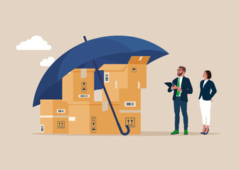 Boxs under umbrella. Procurement and purchasing company equipments, goods and service, audit and checking price. Flat vector illustration