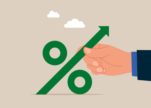 Hand businessman push percent arrow increasing interest rate in market. Flat vector illustration