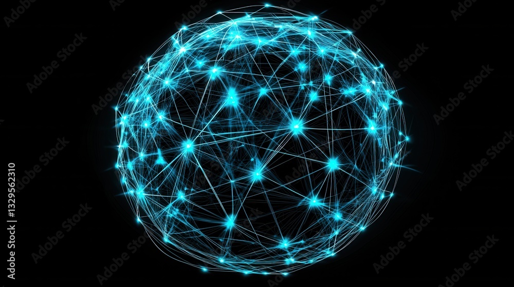 Poster a blue glowing abstract wireframe sphere representing a complex interconnected global network of dig