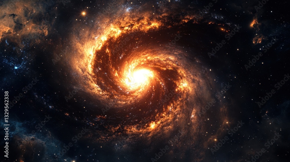 Wall mural majestic space scene with luminous spiral galaxy and mysterious nebula clouds creating ethereal cosm