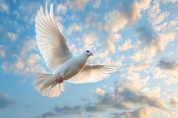 Fototapeta premium Majestic White Dove in Flight Against Dramatic Cloudscape with Wings Spread Symbolizing Peace and Freedom
