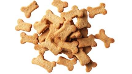 A pile of dog treats shaped like bones on a white background.