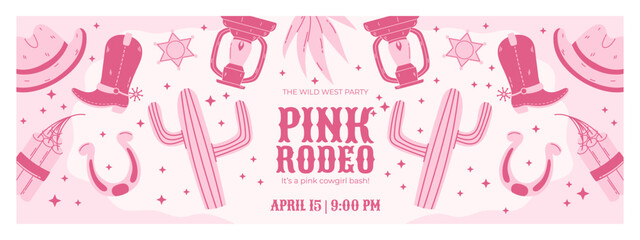 Pink Rodeo Party Horizontal Banner with Cowboy Hats, Boots, Cactus, Horseshoes, Lanterns, and Dynamite in a Playful Western Theme