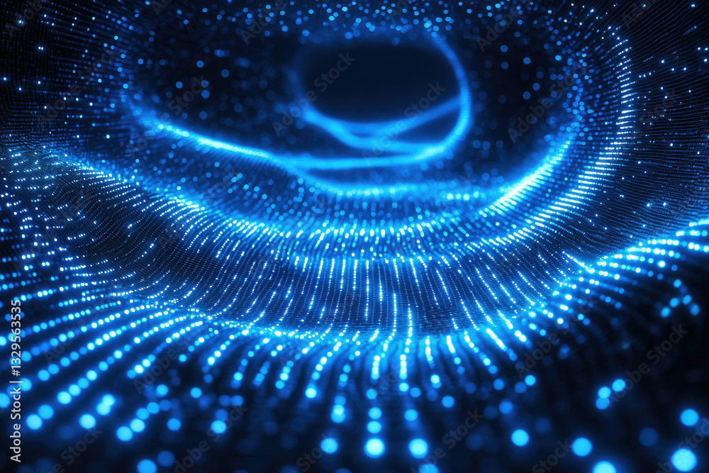 Poster abstract blue glowing particles forming a wavy, flowing pattern in space.