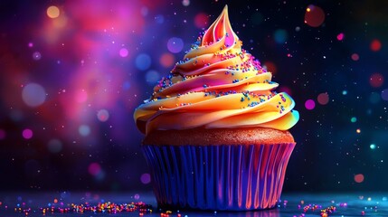 Psychedelic birthday cupcake with swirling red and orange frosting, glowing rainbow sprinkles, dark cosmic background, digital painting, vivid colors
