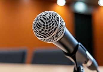 Fototapeta premium Silver and Black Microphone on Stand in Conference Room