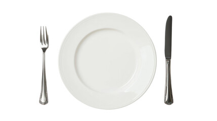 White plate with knife and fork arranged neatly on a black background.