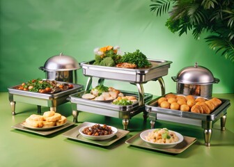 Fototapeta premium Buffet Chafing Dish Heaters, Banquet Table Food Warmers, Catering Equipment, Party Supplies