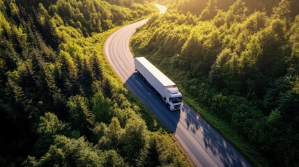 Heavy truck winding through a narrow mountain road, surrounded by lush forests, under dramatic natural light.
