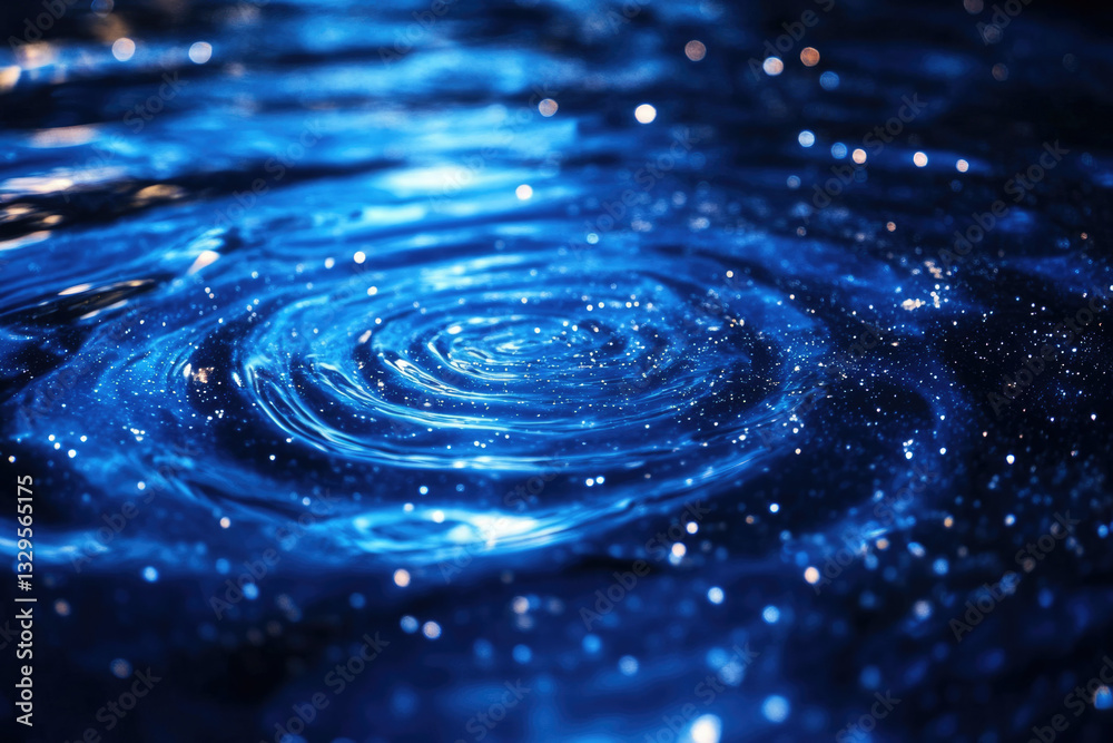 Poster A mesmerizing close-up of concentric ripples on a deep blue water surface, sparkling with light.