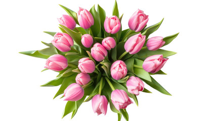 Obraz premium A vibrant bouquet of pink tulips arranged beautifully with fresh green leaves.