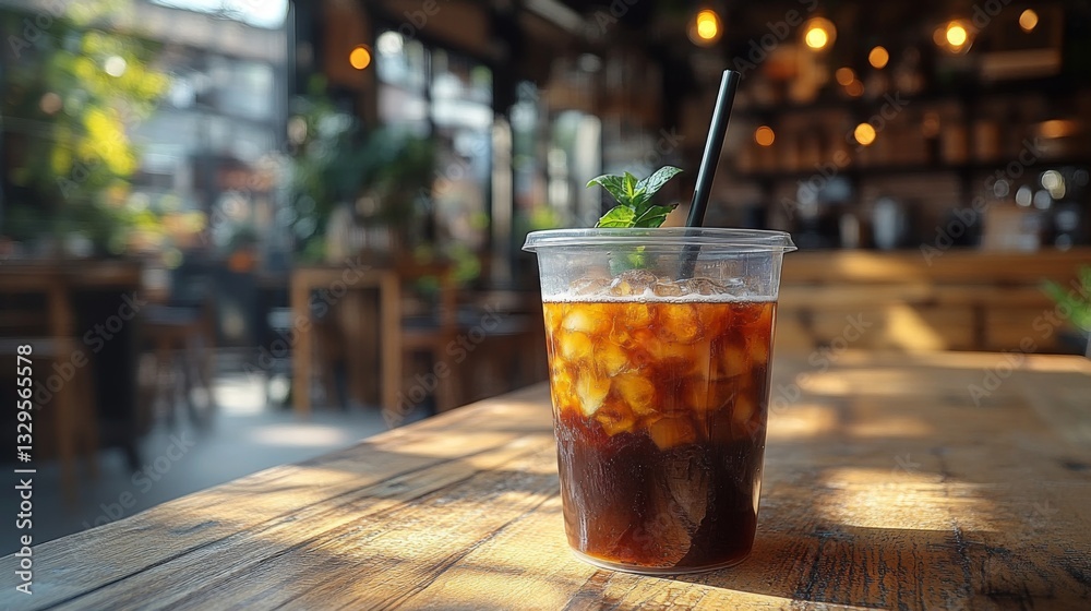 Fototapete iced coffee with ice cubes and a mint leaf is placed on a rustic wooden table inside a warm and invi