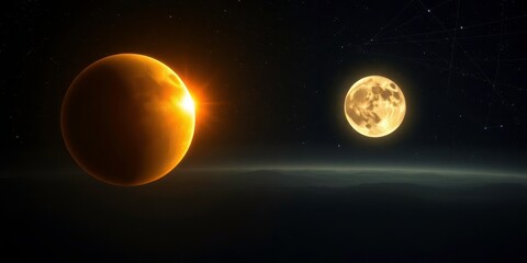 Obraz premium Golden Orb Planet and Shimmering Moon Over a Dark Cosmic Horizon