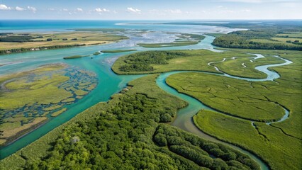 Aerial view of winding river with green wetlands and blue water creating a stunning natural landscape