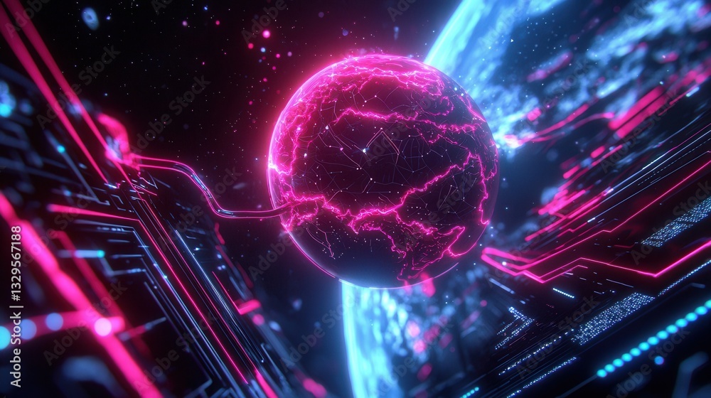 Poster a vibrant glowing digital sphere pulsing with energy surrounded by a complex network of interconnect