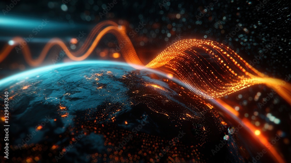 Poster futuristic visualization of a glowing dynamic data wave flowing across the illuminated surface of th