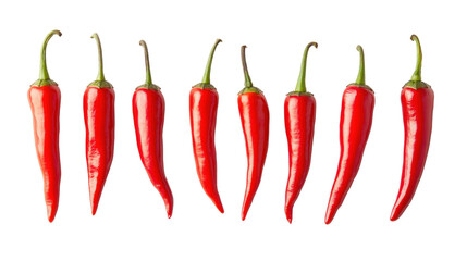 Fresh red chili peppers arranged in a row on a white isolate background, perfect for culinary use or spicy dishes.