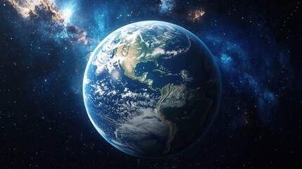 Fototapeta premium Photorealistic 3D Render of Planet Earth Showing Detailed Continents Oceans and Atmosphere with Dramatic Space Background