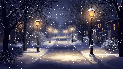 Fototapeta premium Night snowfall in a quiet neighborhood, dimly lit streets, streetlamps casting long shadows, snowflakes sparkling under the pale light