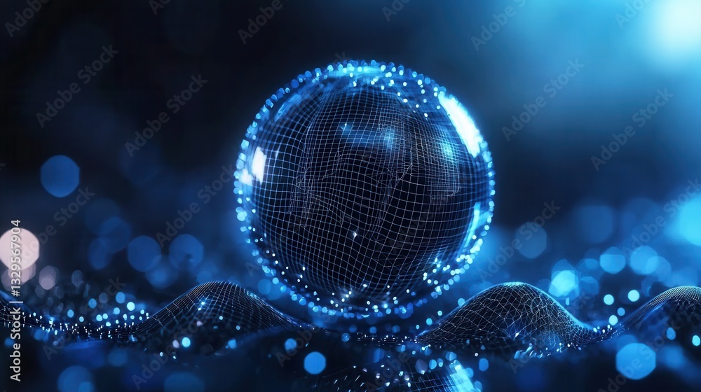 Poster a digital 3d wireframe sphere with an illuminated grid pattern symbolizing the interconnected futuri