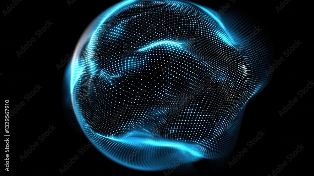 Poster glowing blue 3d wireframe sphere composed of a complex grid pattern with flowing particles and dynam