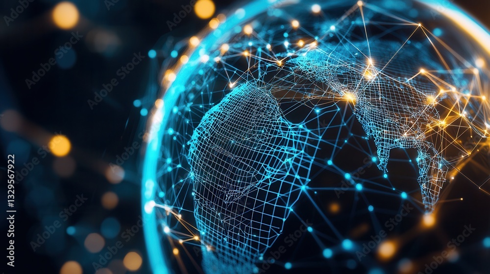Poster a futuristic 3d wireframe model of the earth with a luminous grid of interconnected data points repr