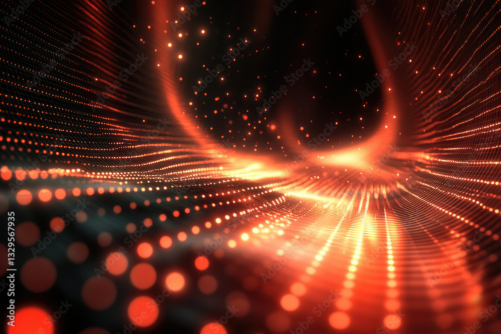 Poster Abstract orange glowing particles forming a wave-like structure in a dark background.