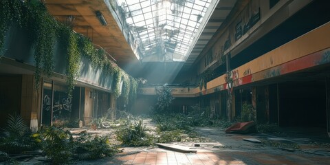 Post Apocalyptic Abandoned Shopping Mall Interior with Nature Reclaiming Urban Space Perfect for Climate Change Environmental Statement