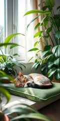  Sleeping Cat on a Green Cushion Surrounded by Indoor Plants with Soft Natural Light