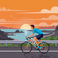 Fototapeta premium Man Cycling Along Coastal Road with Sunset Over the Ocean