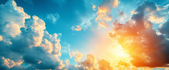 Vibrant sunset sky with fluffy clouds and warm colors creating serene atmosphere. blue sky transitions beautifully into orange and yellow hues, evoking sense of peace and tranquility