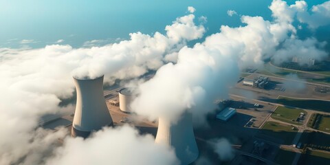  Aerial View of a Nuclear Power Station with Tall Cooling Towers and White Steam