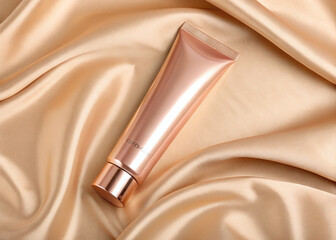  Luxurious Skincare Product on golden satin fabric with smooth folds and a luxurious shiny texture