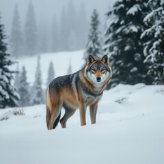  Gray Wolf Lupus in Snowy Forest with Winter Landscape and Snow Covered Pines