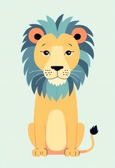 Obraz premium Adorable Cartoon Lion. a charming and minimalist illustration of a sitting lion, rendered in a simple, cartoonish style against a light background. 