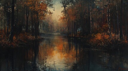 Serenity of Dark Lake in Autumn Forest