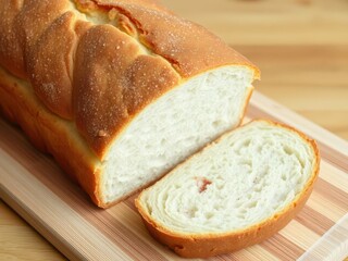  Crispy crusted loaf of bread with a golden brown exterior, sliced on a wooden chopping board