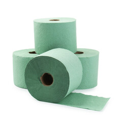 Green toilet paper rolls isolated on white