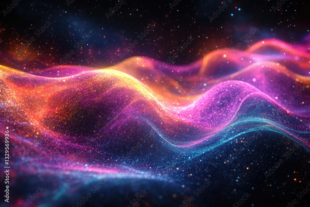 Poster vibrant, glittering cosmic waves flow across a dark background, creating a mesmerizing and abstract 