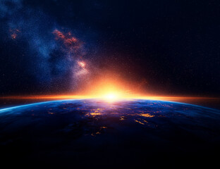 Fototapeta premium stunning view of Earth from space, showcasing vibrant sunrise over horizon with starry sky in background, evoking sense of wonder and beauty