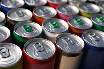 Many aluminium cans of beverage as background, closeup