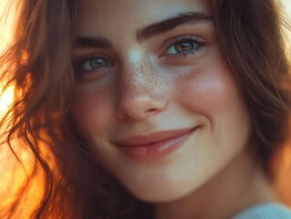 Fototapeta premium Radiant Beauty Portrait of Natural Woman with Glowing Skin and Serene Expression Against Soft Focus Background for Skincare and Wellness Campaign