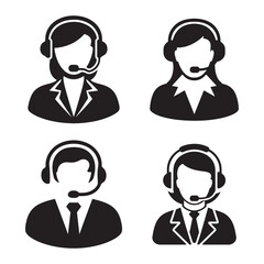 Customer Support Representative Silhouette Icons – Call Center, Helpdesk, and Customer Service Vector